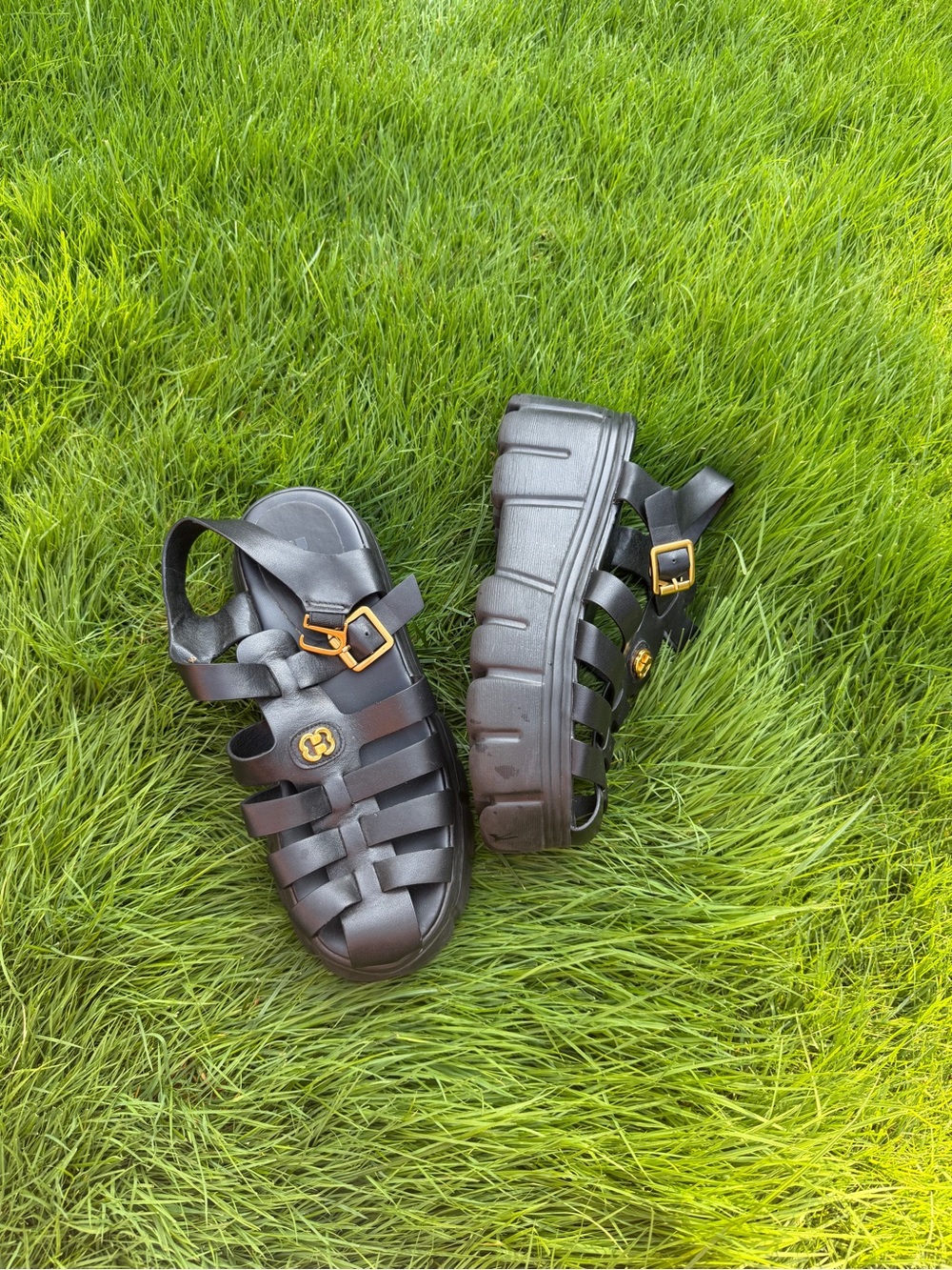 Chunky Black Fisherman Sandals with Gold Buckle